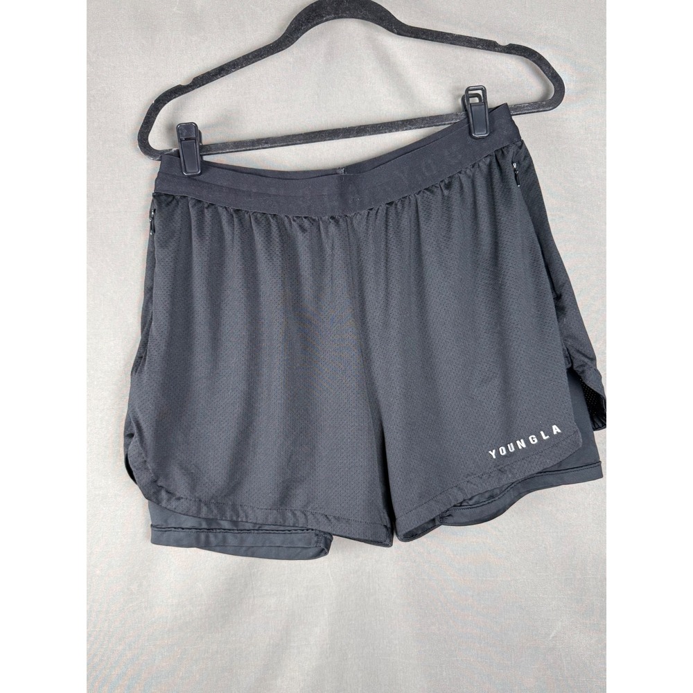 YoungLA 2-in-1 Athletic Shorts Mens Large Black Mesh Compression Liner Gym